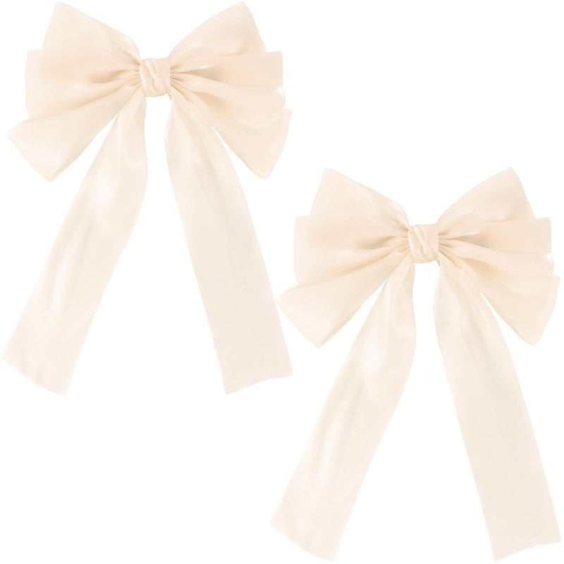 STSTR 2Pcs Large Hair Bow Clips, Beige Silk Yarn Ribbon Bow Hair Barrette for Women, Elegant Long Tail Bowknot French Accessories for Wedding, Parties, Festivals - Style 2 - Image 1